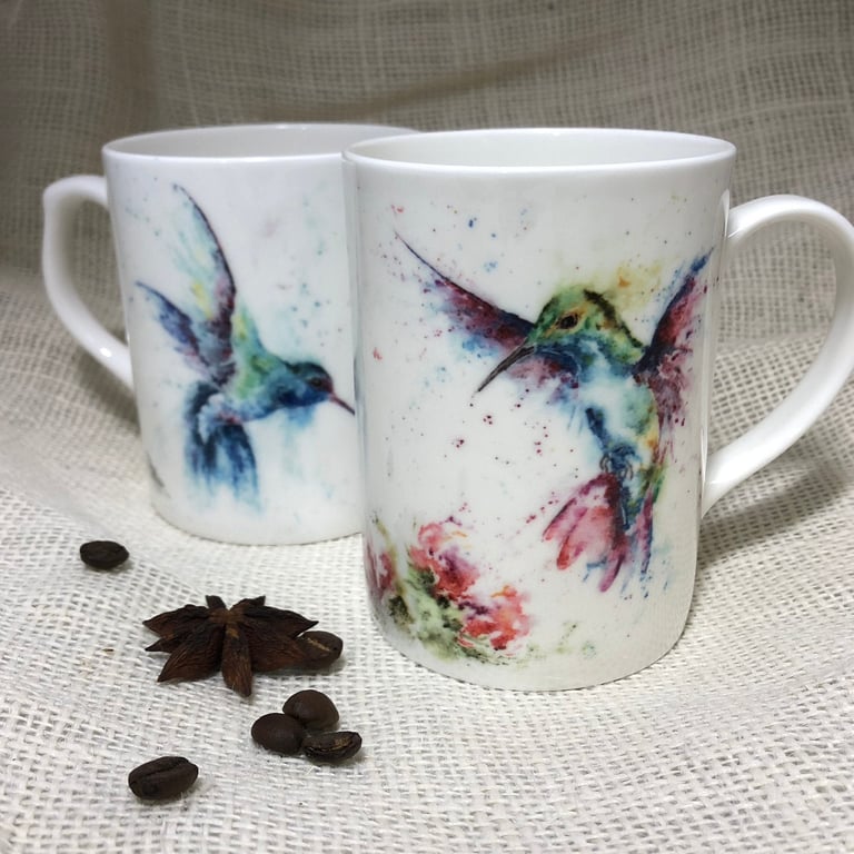 Hummingbird Jewels Bone China Mug, China Cup, Wildlife Art Mug by Artist Sandi M