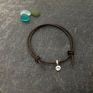 Adjustable leather bracelet, leather charm bracelet, sterling silver wave charm,