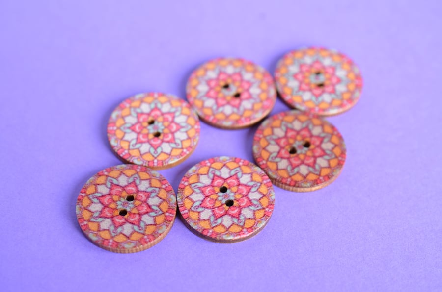 Wooden Mandala Patterned Buttons Orange Turquoise Red 6pk 25mm (M20)