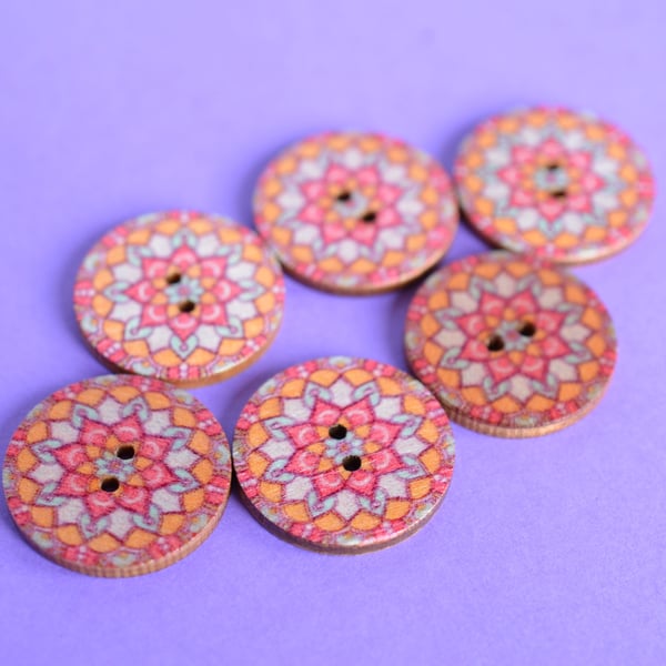 Wooden Mandala Patterned Buttons Orange Turquoise Red 6pk 25mm (M20)
