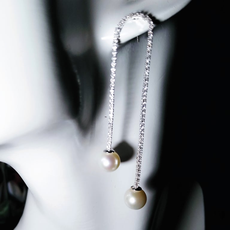 925 Sterling Silver Long Double Cup Chain With White Zircon Gemstones And Pearls