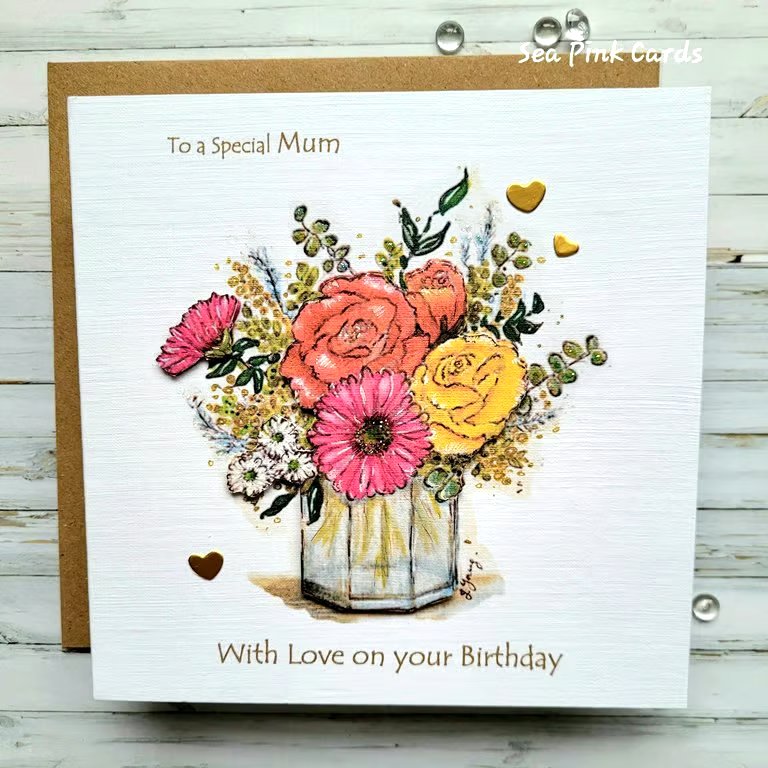 Birthday Card Mum - Jar of flowers, roses, gerbera, handcrafted, 3D card
