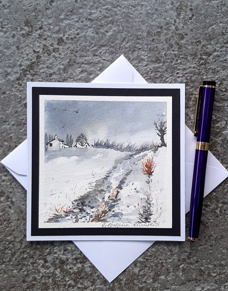 Snowy Lane. Handpainted Blank Card. Letterbox Gift. Keepsake