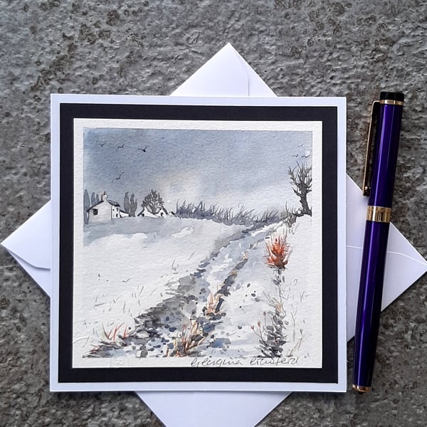Snowy Lane. Handpainted Blank Card. Letterbox Gift. Keepsake