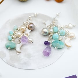 Pearl Earrings - Celestial Blue Amazonite Pink Amethyst Gemstone Earrings, gift