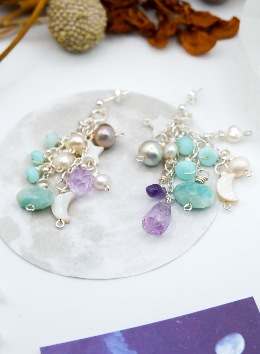 Pearl Earrings - Celestial Blue Amazonite Pink Amethyst Gemstone Earrings, gift