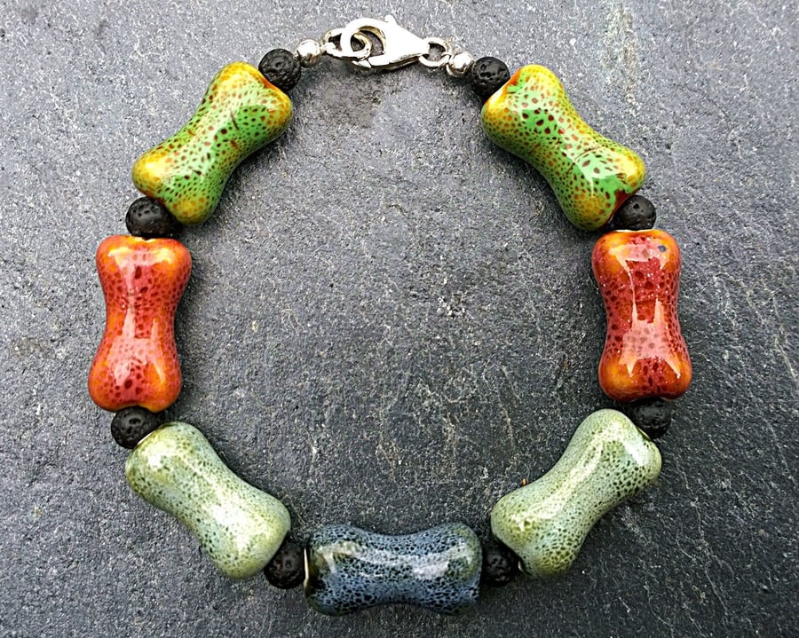 Multi Colour Bone Shaped Ceramic Bead Bracelet, Lava Stone, 925 Silver