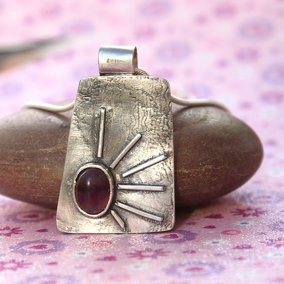 Designer Silver Pendant Necklace - Purple Tourmaline Stone on Textured Silver