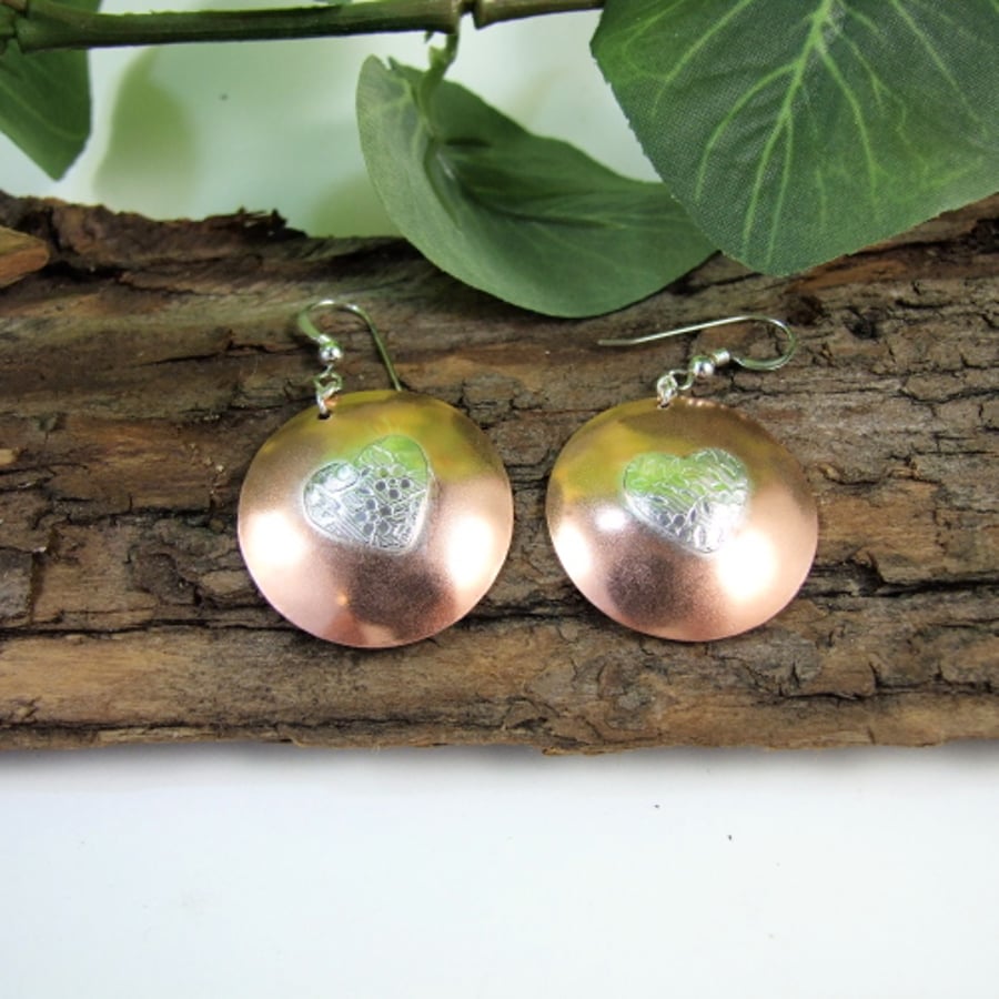 Earrings, Sterling Silver and Copper Large Disc and Heart Earrings