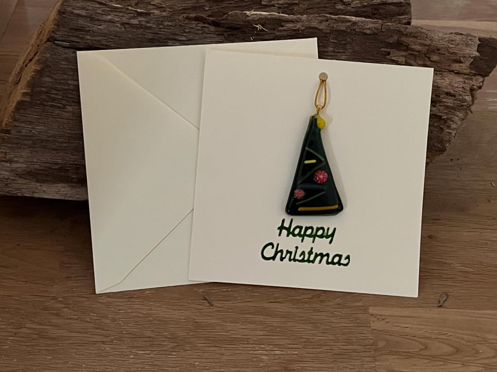artisan Christmas Card with unique Fused Glass Tree Decoration Keeps