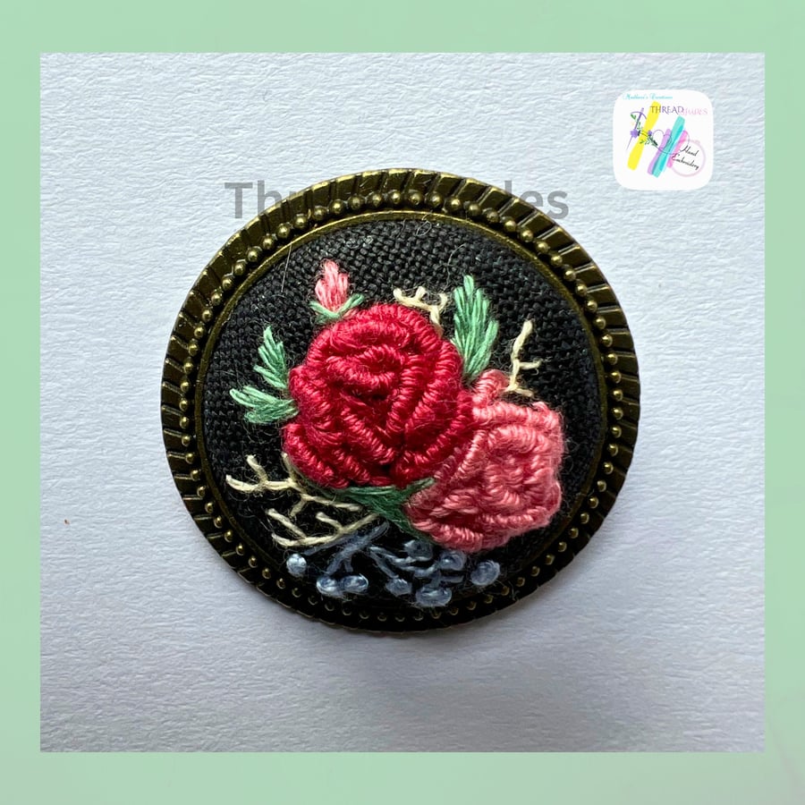 Hand Embroidered Brooch, Vintage, antique bronze floral design, gift for her, ha