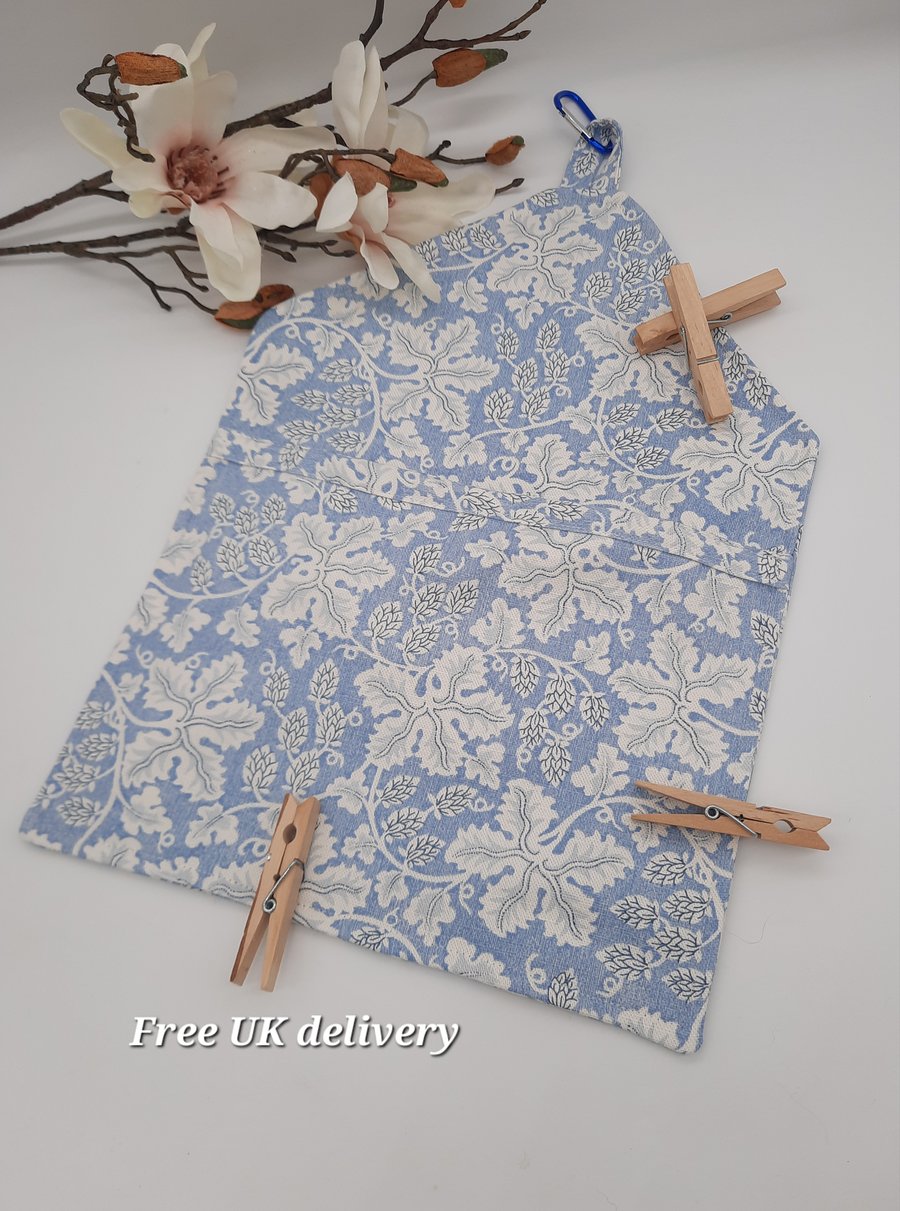 Blue and white foliage fabric clip on peg bag
