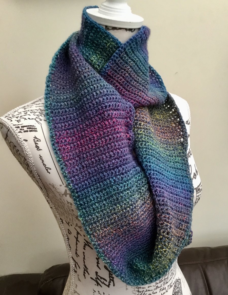 Muted Rainbow Crocheted Infinity Scarf in Denys Brunton Designer Yarn.