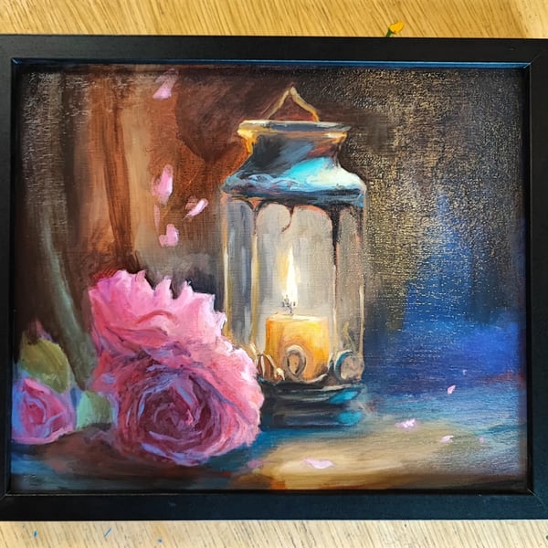 Rose by Candle light - Original Oil painting - framed