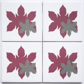 4 x Pink Leaf Silhouette Ceramic Coasters with Cork Backing - CLEARANCE PRICE