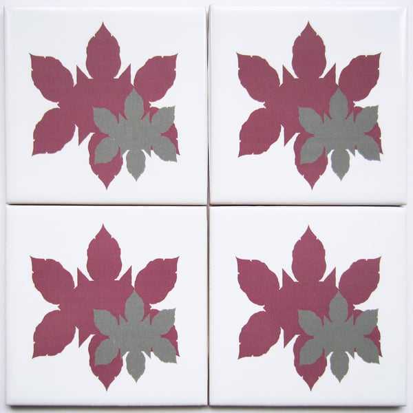 4 x Pink Leaf Silhouette Ceramic Coasters with Cork Backing - CLEARANCE PRICE