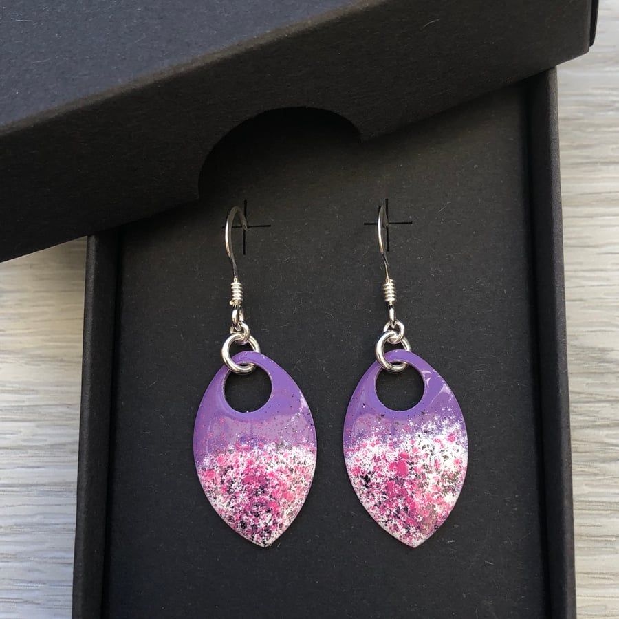 Purple & pink mix enamel scale earrings. Sterling silver. 