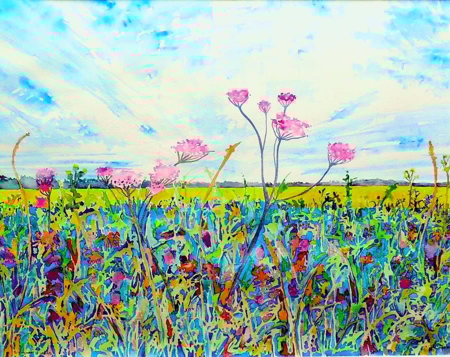 Wild Flower Landscape Original Watercolour Painting of the Fens