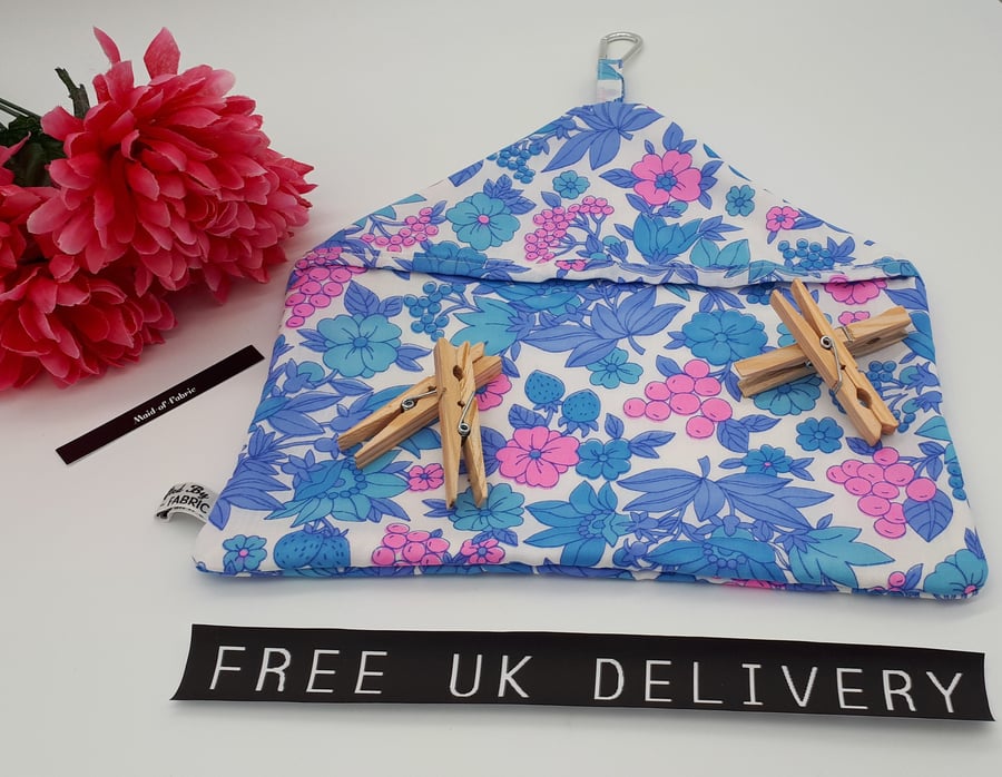 Peg bag in blue,  pink and white floral fabric,  free uk delivery . 