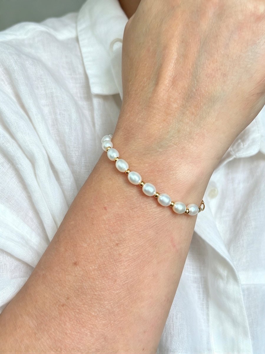 Image of Freshwater Pearl Bracelet, Gold Stainless Steel 