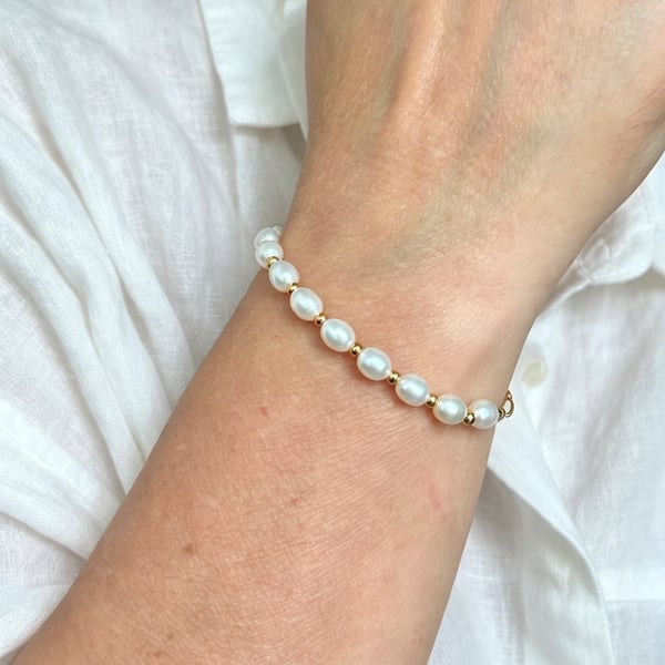 Freshwater Pearl Bracelet, Gold Stainless Steel 