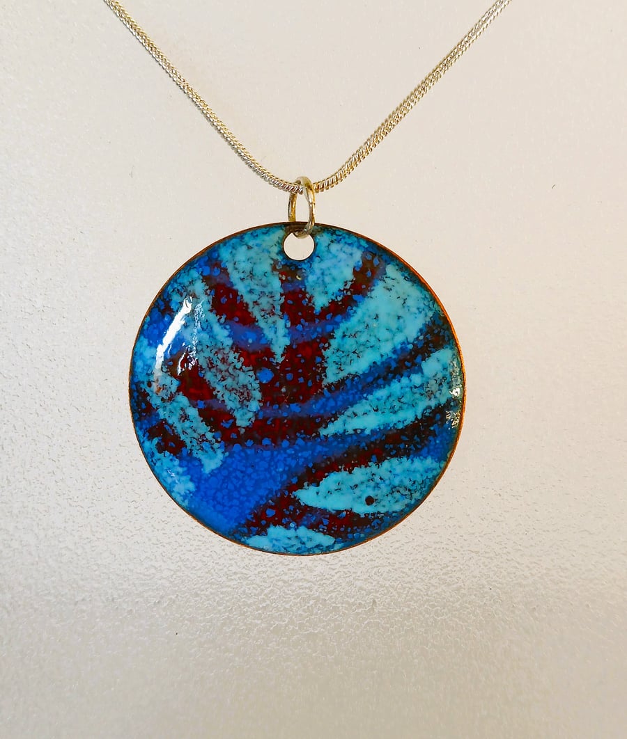 Abstract red and blue enamelled copper pendant 225