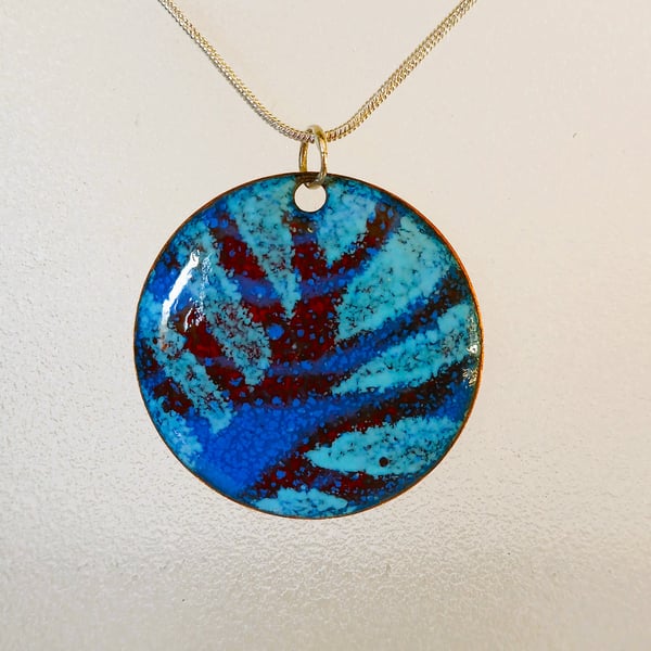 Abstract red and blue enamelled copper pendant 225