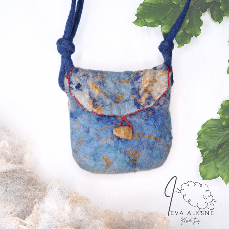 Blue felt bag with adjustable felt strap