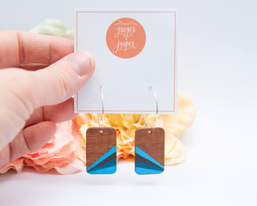 Hand Painted Blue Stripe Wooden Earrings, Blue Stripey Wood Dangle Earrings 