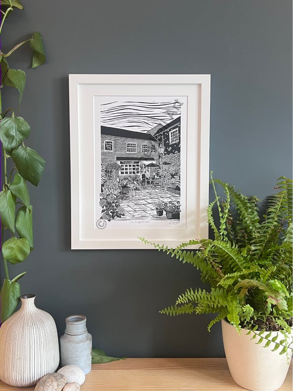 The Courtyard Cafe Limited Edition Lino Print in Black