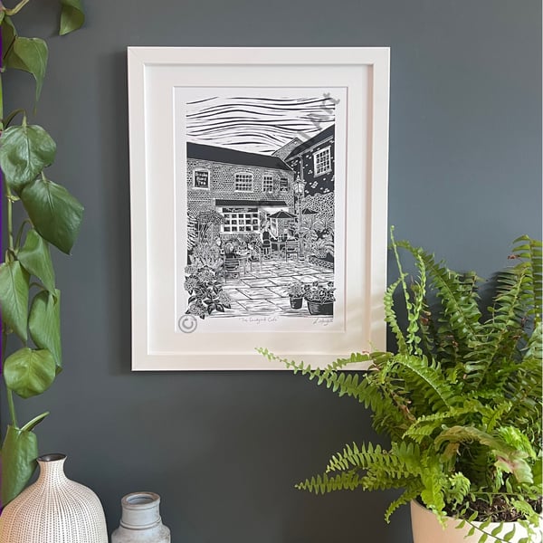 The Courtyard Cafe Limited Edition Lino Print in Black