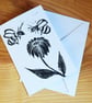 Bees on a flower - Lino print, black ink on white card. - Image 2