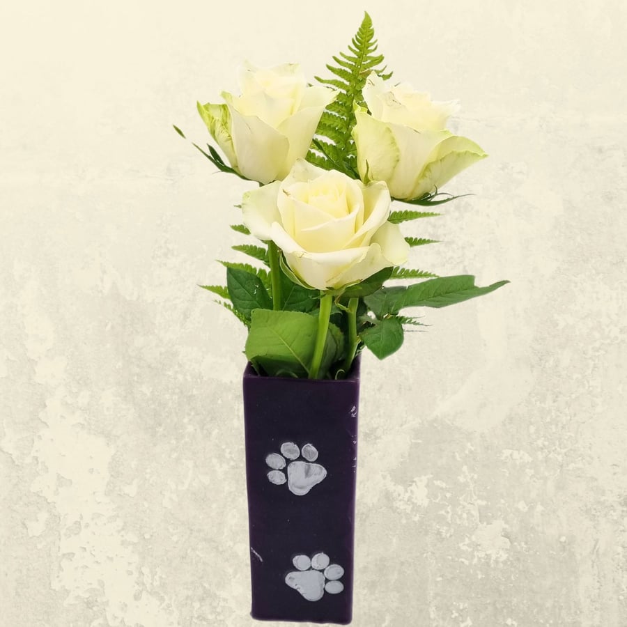 Small Oblong Shaped Vase Made From Purple Wax With Silver Paw Decoration Gift