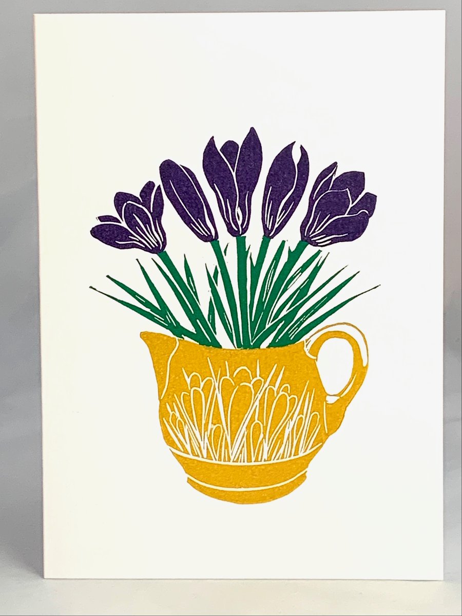 Lino Printed Crocus Card