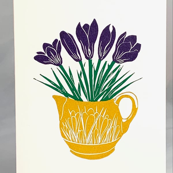 Lino Printed Crocus Card