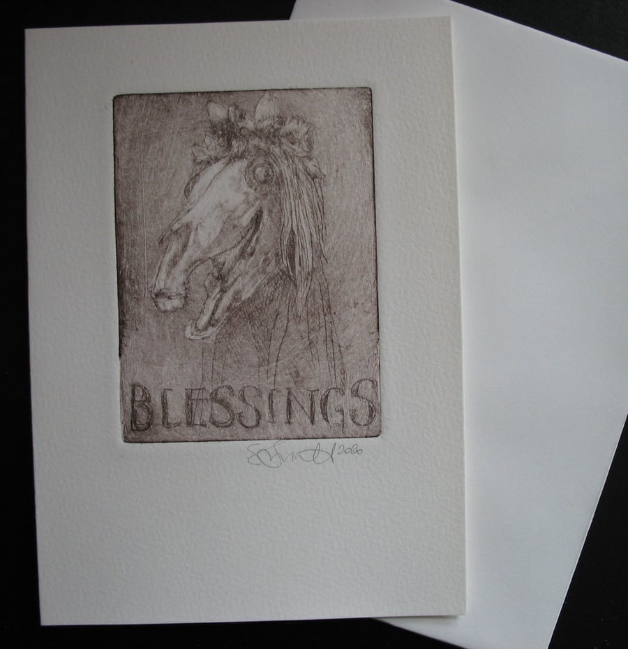 Mari Lwyd blank original etching blessings greetings card