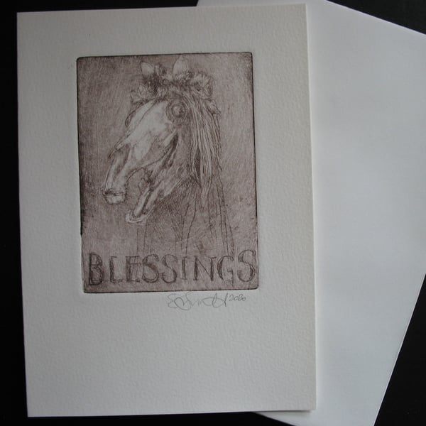 Mari Lwyd blank original etching blessings greetings card