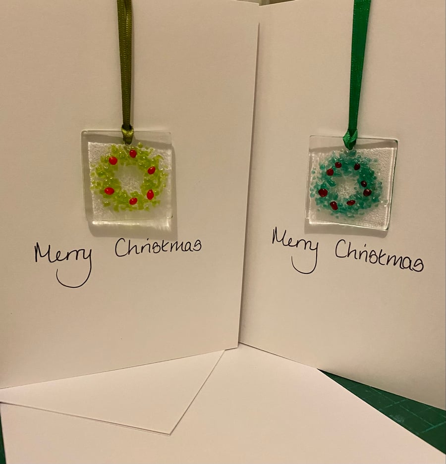 Fused glass handmade wreath Christmas card 