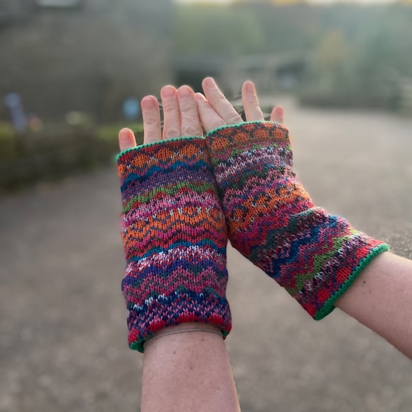 Green and orange knitted fairisle wrist warmers 