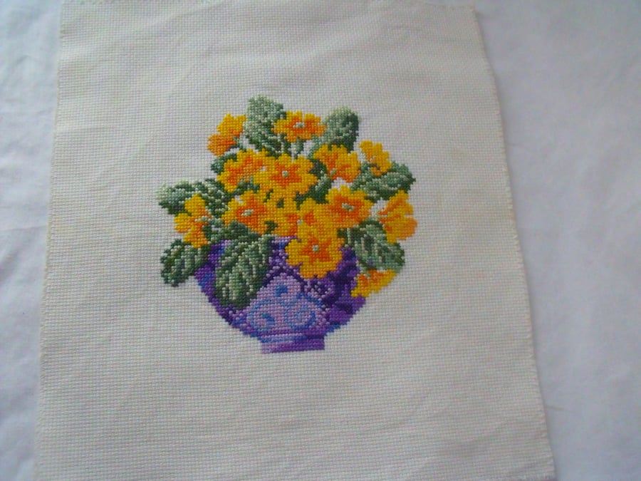primula cross stitch picture, ready to frame floral wall art