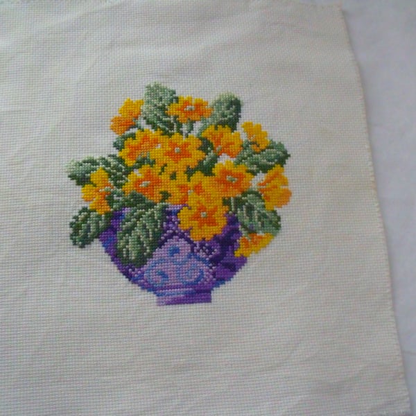 primula cross stitch picture, ready to frame floral wall art