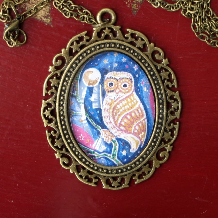 Owl Miniature Picture Pendant Necklace 