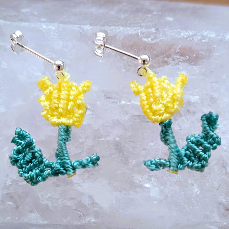 Macrame Tulip 925 Sterling Silver Stud Flower Earrings:  March Birth Flower Gift