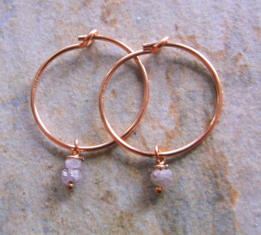 Small Pink Rough Cut Diamonds on 14K Rose Gold Hoop Earrings.