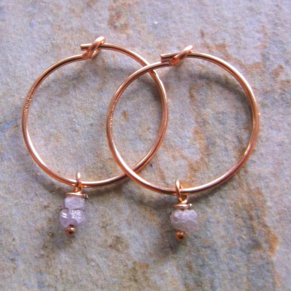 Small Pink Rough Cut Diamonds on 14K Rose Gold Hoop Earrings.