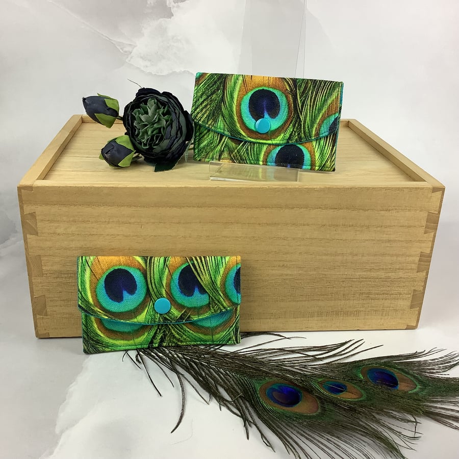 Peacock feathers card case, Peacocks travel pass holder, Handmade