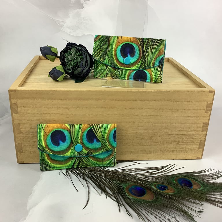 Peacock feathers card case, Peacocks travel pass holder, Handmade