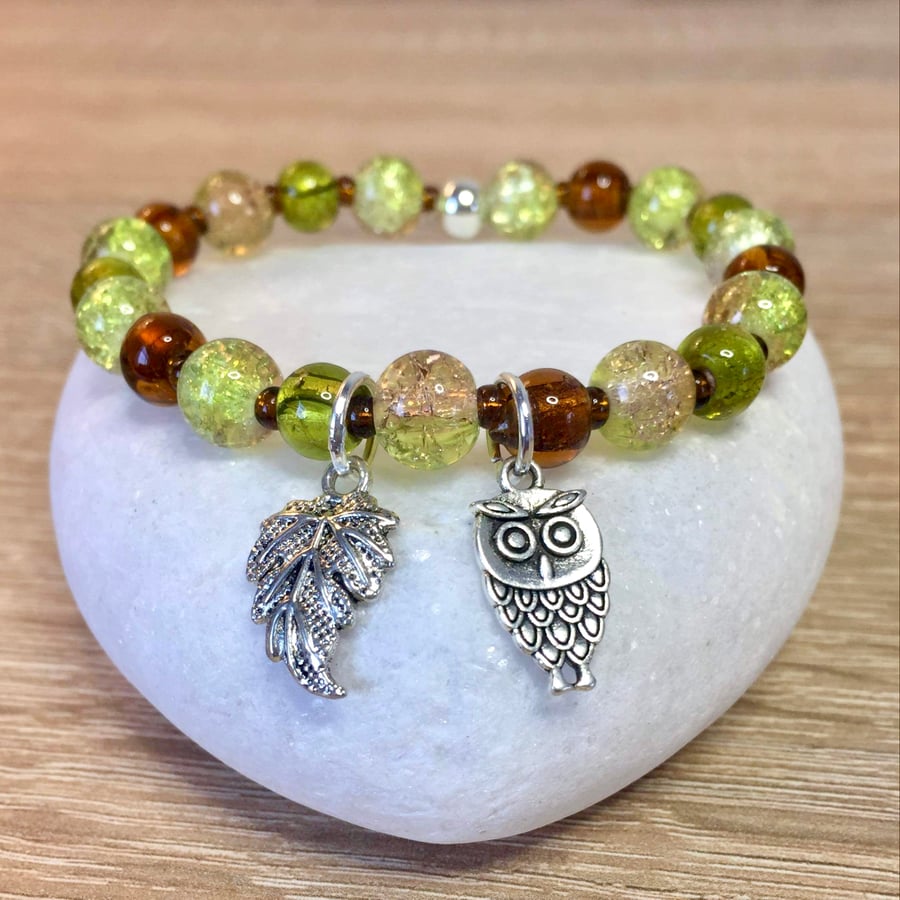 Green and Brown Glass Beaded Elasticated Charm Bracelet 
