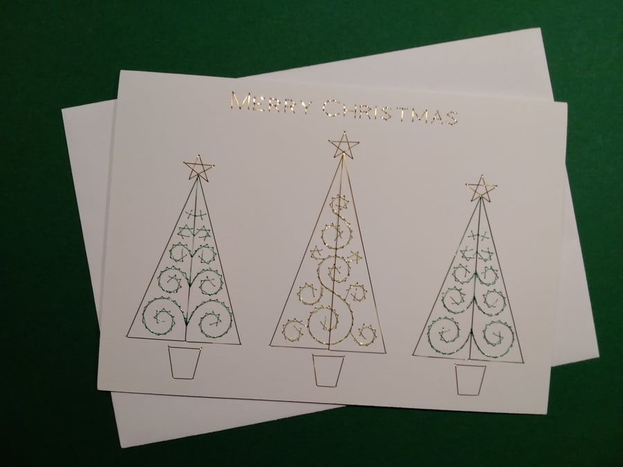 Trio of Christmas Trees. Hand Embroidered Christmas Card.