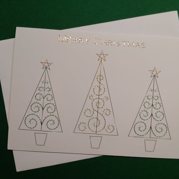 Trio of Christmas Trees. Hand Embroidered Christmas Card.